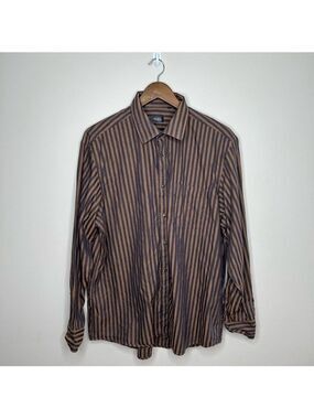 Stanza Brown Vertical Stripe Slim Fit Dress Shirt 17.25